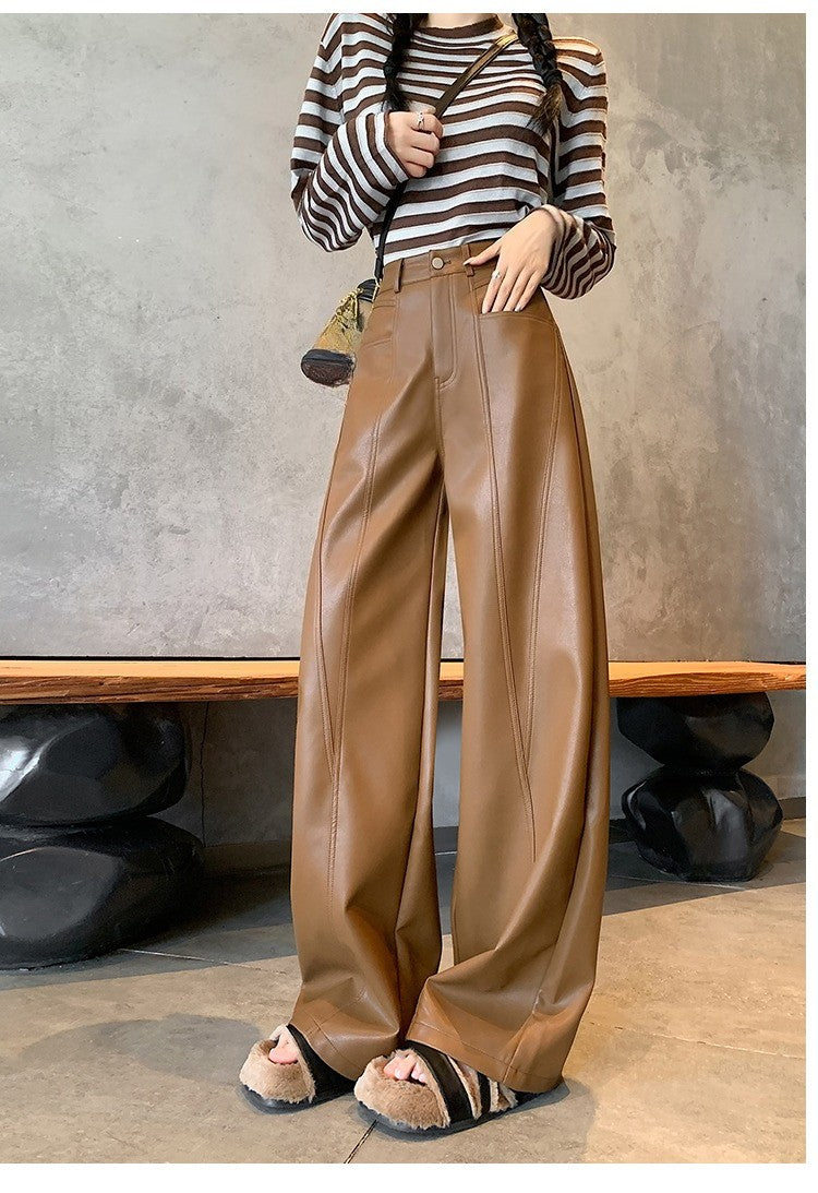 2025 New High Waist Vintage Black Women's PU Leather Wide-Leg Pants Loose Straight Retro Casual Floor-Length Pant Autumn Winter