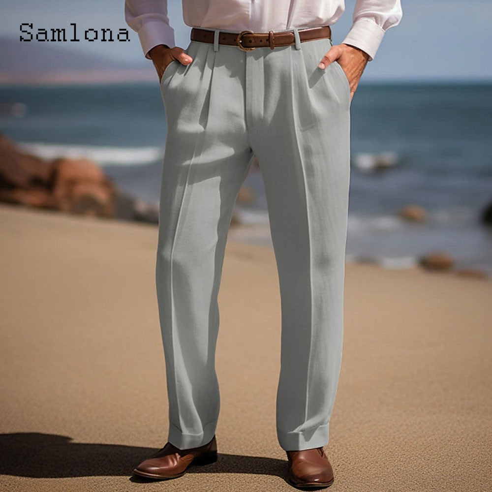 Men's Stand Pocket Casual Cotton Linen Pants White Soft Beach Trousers 2025 American and European Fashion Style Basic Suit Pants