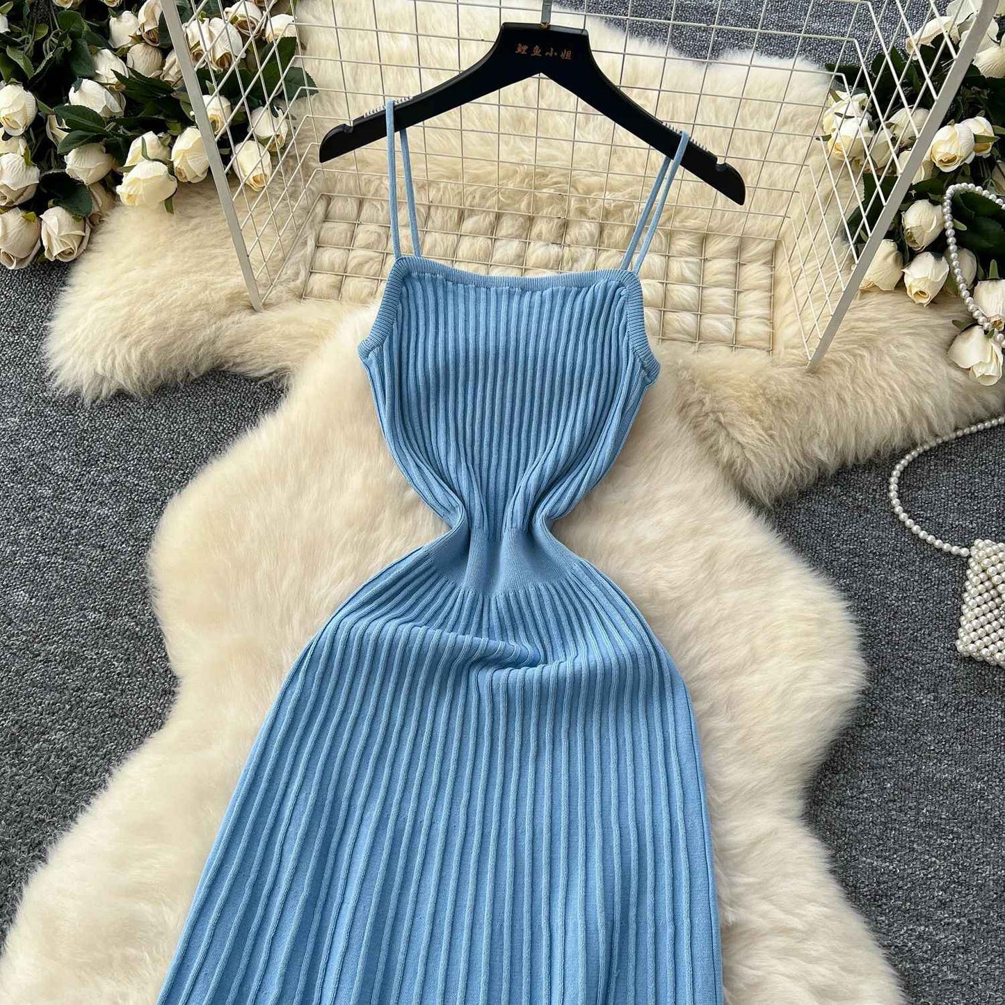 Knitted Pleated Long Dress High Waist Midi Sling Dress Elegant Sleeveless Yellow