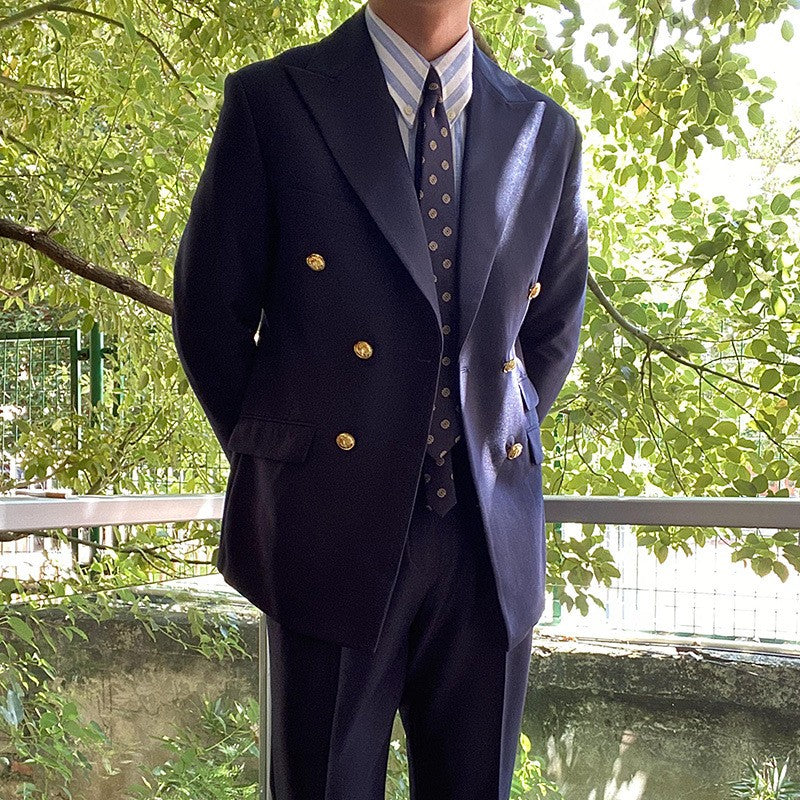 Blazer Casual Suit Classic Navy blue Double-breasted Metal Buttons High Quality Top Shirt Regular Length Retro Jacket 3 colors