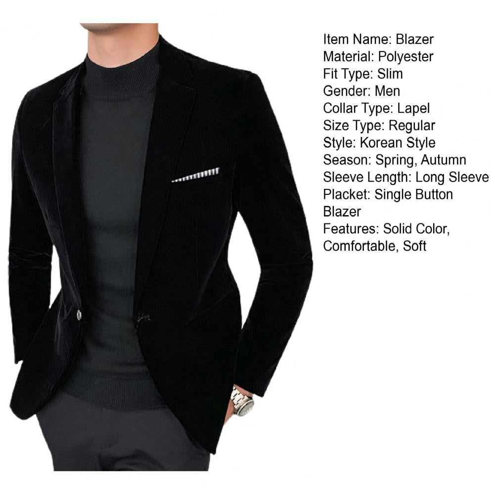 Spring Velvet Men Solid Color Temperament Suit Jacket Turndown Collar Long Sleeve Slim Fit Single Button Velvet Suit Coat