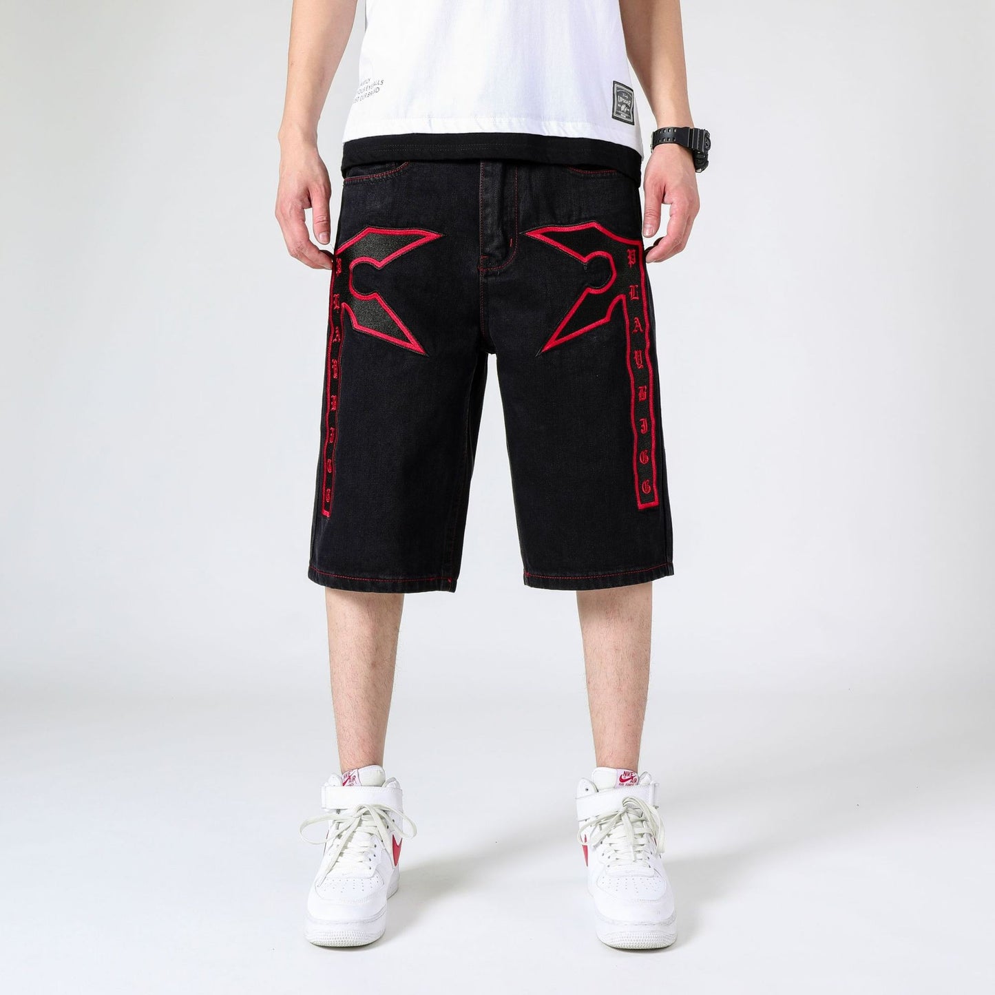 ABOORUN Mens Plus Size Loose Baggy Denim Shorts Fashion Streetwear Hip Hop Skateboard Cargo Jeans Short for Male R1402