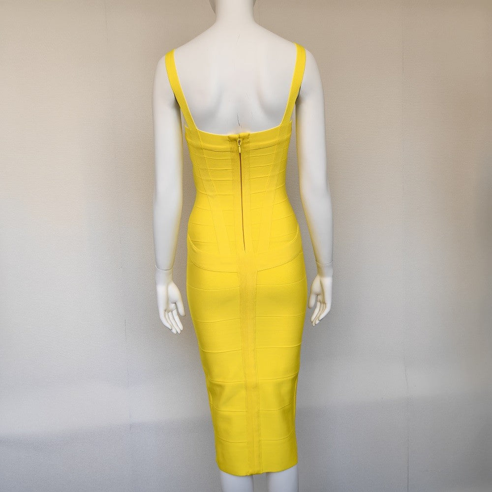 BEAUKEY Sexy Vintage Quality Evening Yellow Bandage Dress 2023 Women Summer Blue