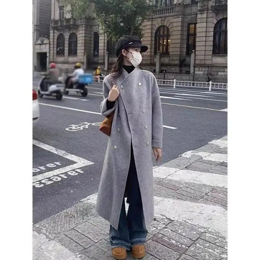 Light Grey Woolen Coat Women's Long Loose Korean Style Fashionable Autumn Winter New Arrival Polyester Fiber Full Sleeve