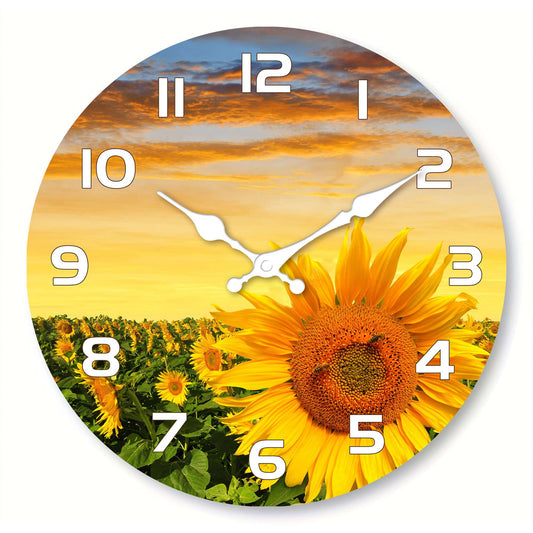 1pc wooden wall clock, Sunflower Garden design wall clock at sunset, round silent clock, for living room bedroom, room decoratio