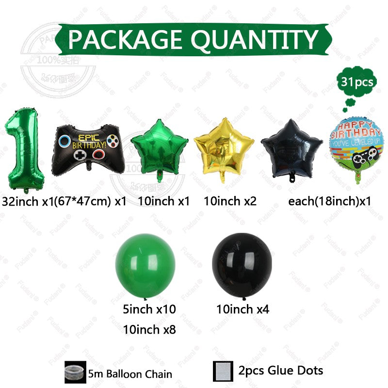 31pcs Gamepad Theme Balloon Green Number Birthday Balloon Set Game Theme Party Decoration Birthday Surprise Gifts