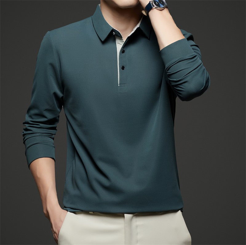 New Men's Business Casual Long Sleeve Solid Color Polo Shirt Fashionable Warm Comfortable Four Seasons Versatile Top