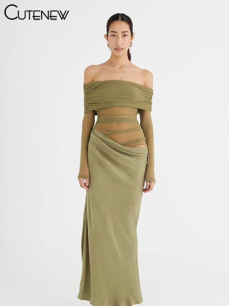 Cutenew Mesh Ruched Women Maxi Dress Sexy See Through Off Shoulder Long Sleeve S