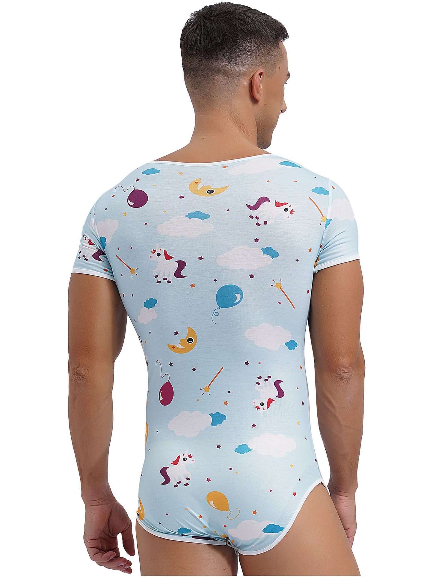 Mens Cute Cartoon Print Bodysuit Sissy Pajamas Short Sleeve Buttoned Crotch Diaper Rompers Gay Male Onesies Sleepwear Loungewear