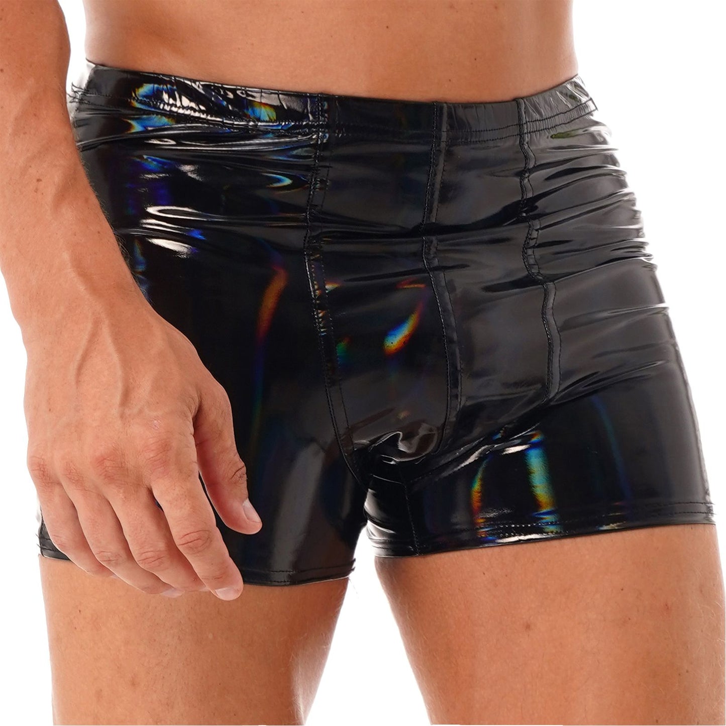 Mens Patent Leather Shorts Dance Performance Clubwear Wet Look Pants Elastic Waistband ShortsBulge Pouch Boxer Briefs Shorts