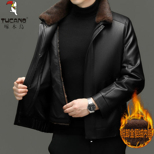 Outcoat Winter Faux Leather Jacket Detachable Golden Mink Fleece Inner Lining Top Layer Faux Deerskin One-piece Warm Men's Coat