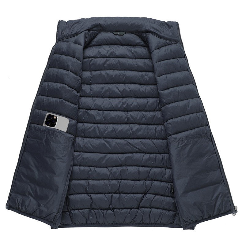 Hot Sales Europe Men Women Long sleeves Embroidery logo Zipper Front Going Out Light Thin Hooded Down Jacket Warm And Windproof