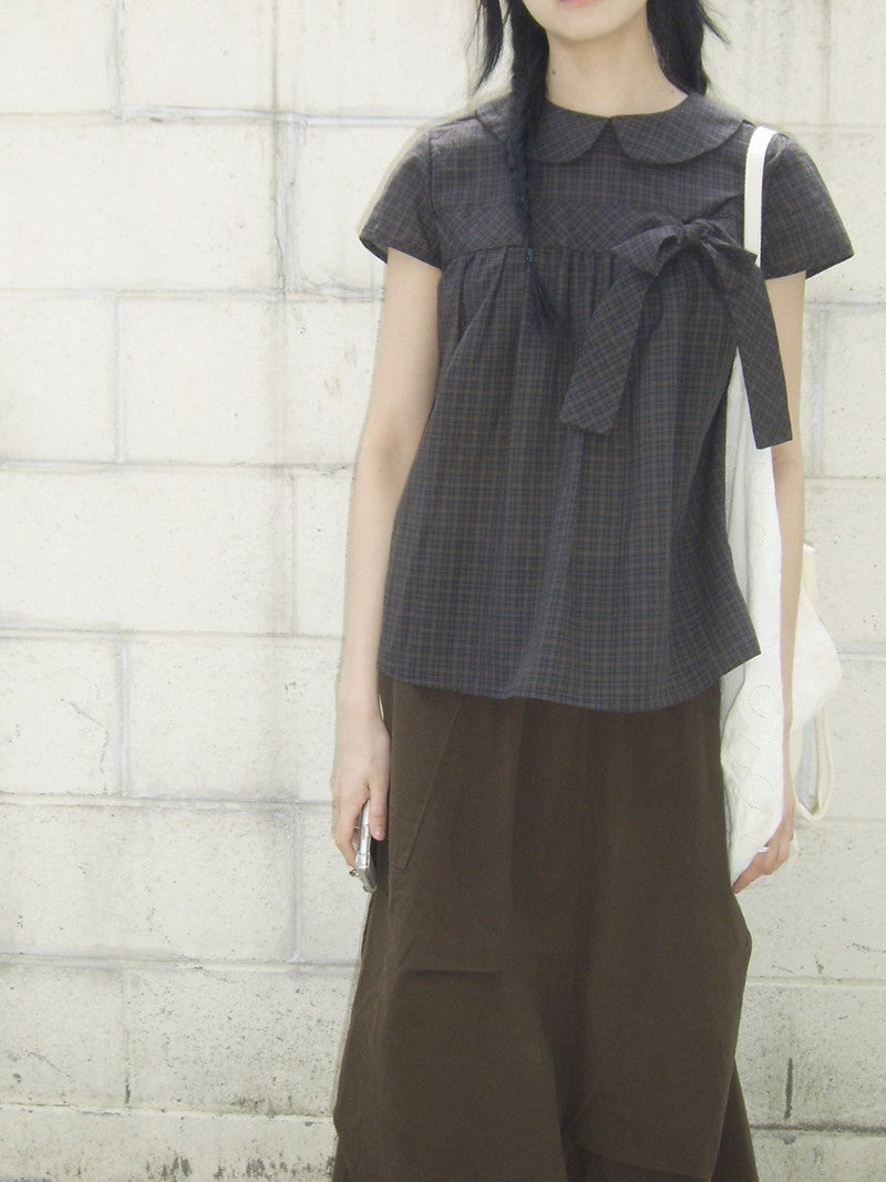 Vintage Plaid Shirts Women Japanese Harajuku Bow Peter Pan Collar Blouses Summer Korean Aesthetic Short Sleeve Casual Tops New