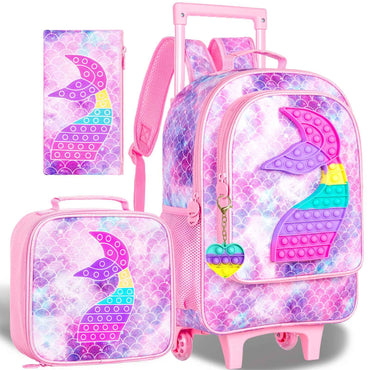 3PCS Kids Rolling Backpack for Girls, Mermaid Roller Wheeled Bookbag Toddler Elementary School Bag with Wheels - Pink
