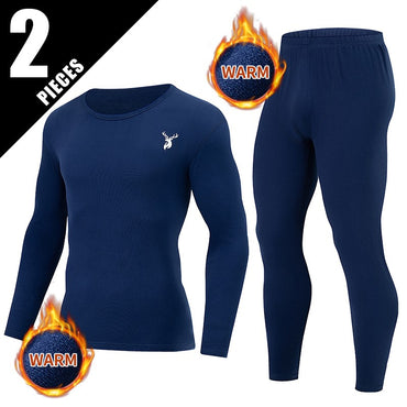 2-piece Autumn And Winter Men's Fashion Lucky Deer Pattern Solid Color Basic Warm Underwear Set Comfortable Long Sleeve Pants