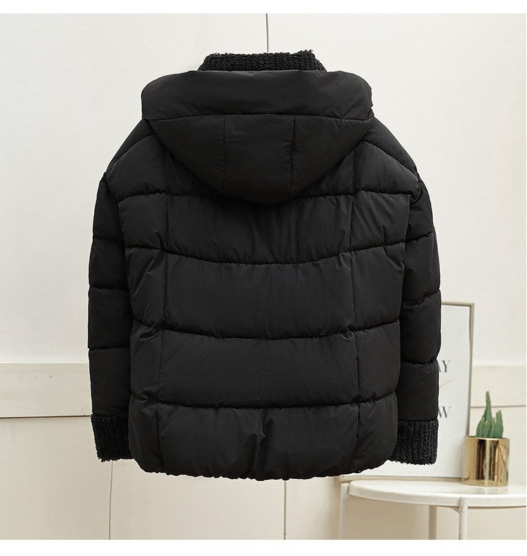 Lambswool Patchwork Thick Women Winter Coat 2025 New Fashion Hooded Puffer Jackets Cotton Padded Short Parkas