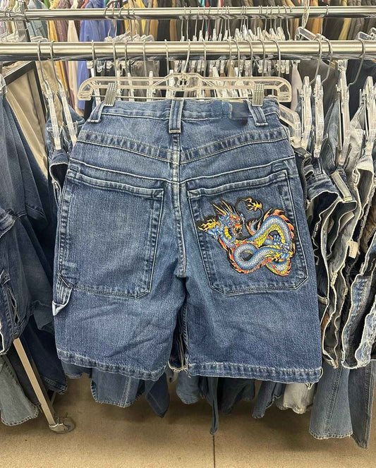 Y2K Gothic Diamond Cross Embroidery Denim Shorts American Retro Blue Gym Shorts Rhinestone Streetwear Hip Hop Men Women Jorts