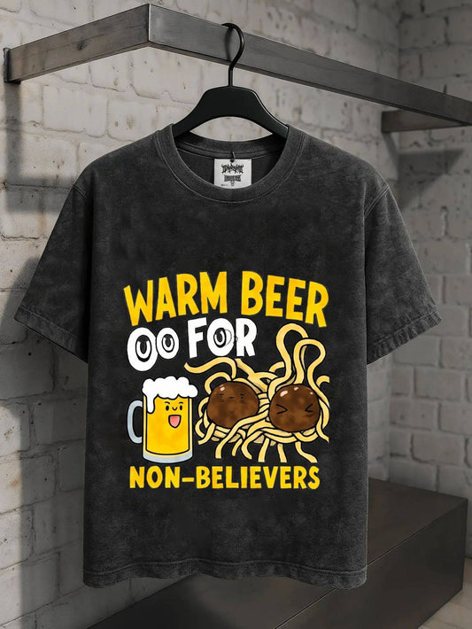 Men's Washed T-Shirt Black Warm Beer for Non-Believers Halloween Spider Beer Print High Quality 100% Cotton 230g