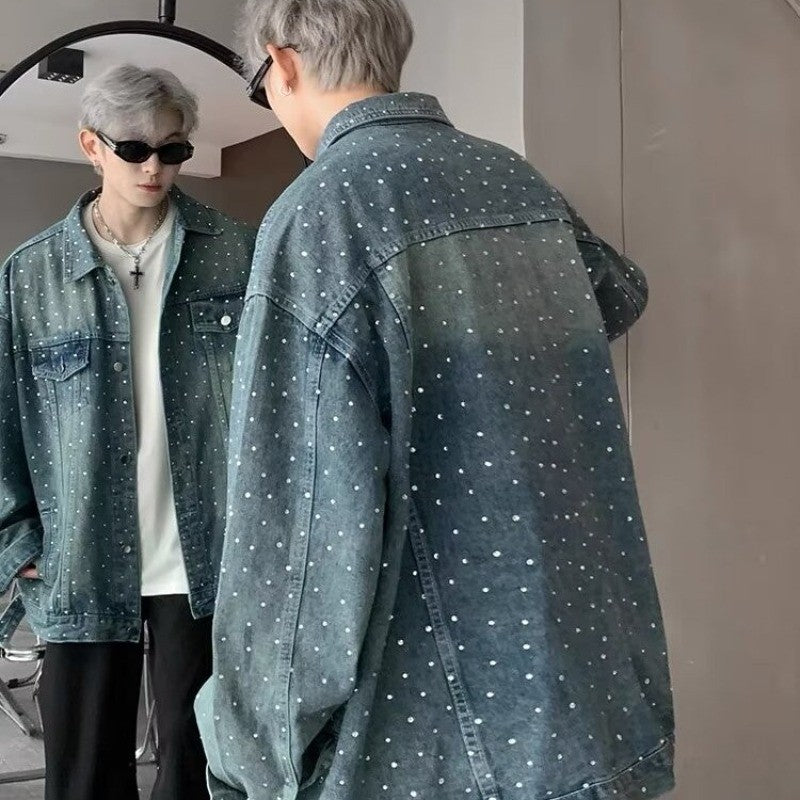 American Trendy Denim Jacket Mens Make Old Flash Diamond Fashion Outwear Spring Single-breasted Street Couple Cowboy Coats