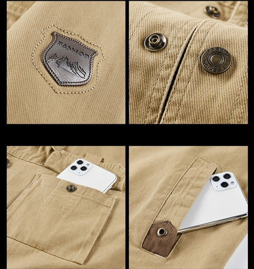 Autumn Khaki Men's Collared Long-Sleeve Jacket, Army Green Casual Outerwear, Navy Blue Loose-Fit Top Coat.