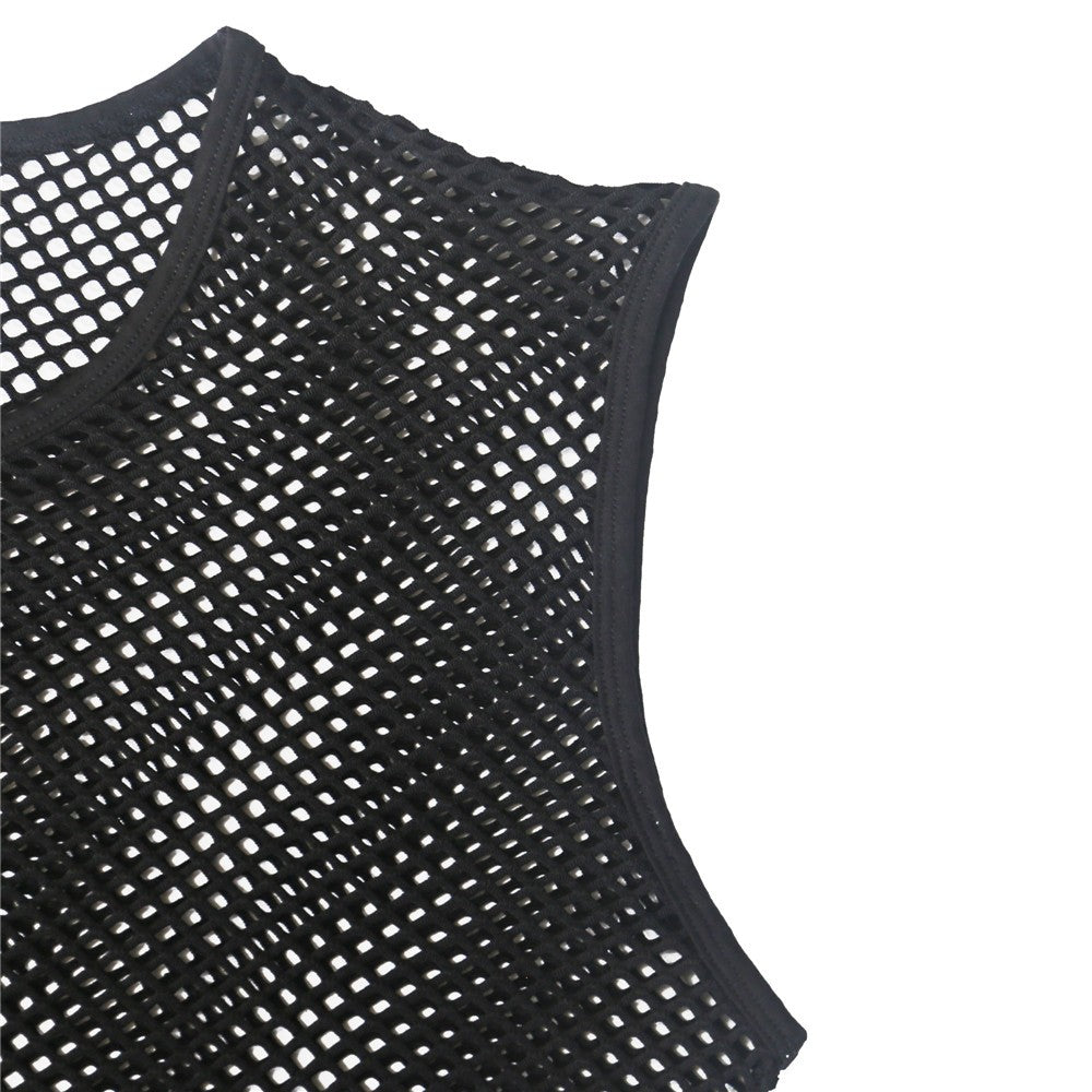 Mens Transparent Fishnet Crop Top Sexy Mesh Hollow Out Tank Tops Gym Fitness Sleeveless Undershirts T-shirts Nightclub Mini Vest