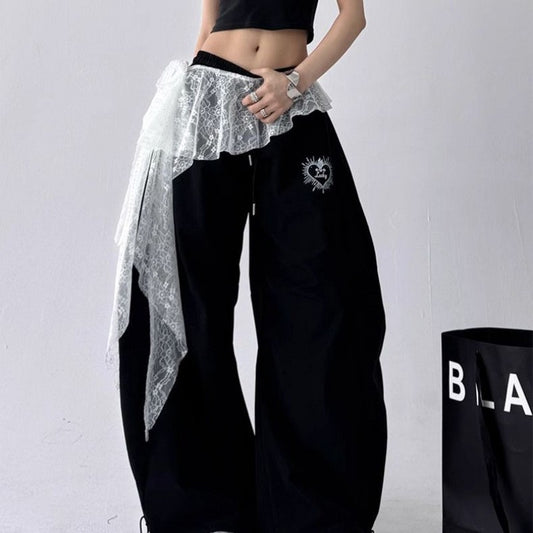 Jeans Pants Decor Embroidered Flower Lace Mini Skirt Irregular See Through Ruched Skirts High Waist Harajuku Pleated Skirts