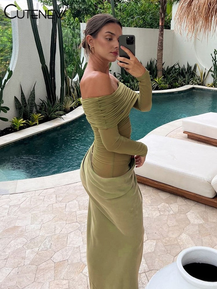 Cutenew Mesh Ruched Women Maxi Dress Sexy See Through Off Shoulder Long Sleeve S