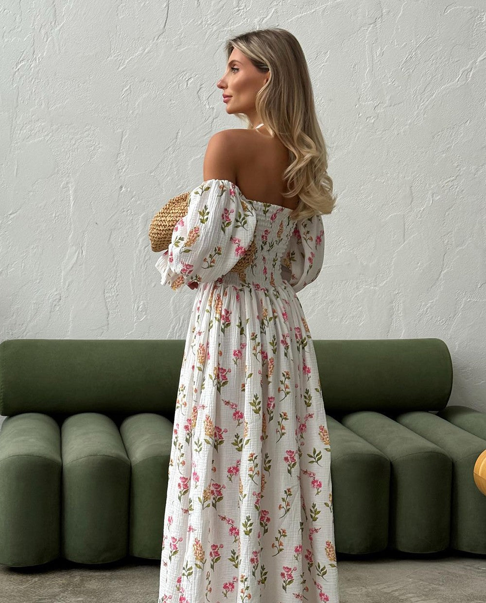 Women's Summer Cotton Dress 100% Elegant Ruffle Midi Floral Print Dress with Sid