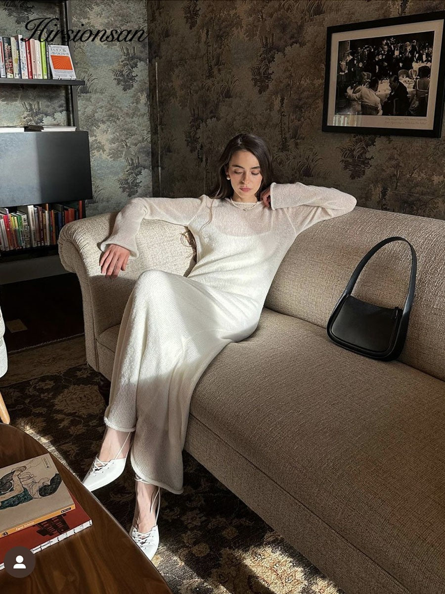 Hirsionsan Spring Autumn O-Neck Elastic Knit Long Dresses Women 2024 Elegant Chi