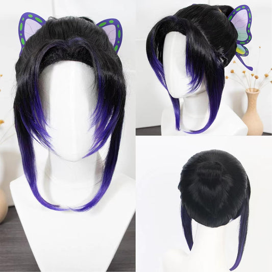 Peruca de Cosplay Kochou Shinobu Kimetsu No Yaiba, peruca preta e roxa sintética resistente ao calor para Halloween, presilha de cabelo de borboleta