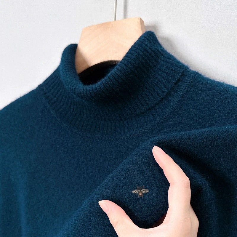 Designer Brand Men's High Collar Pullover Knitted Sweater Winter New Arrival Exquisite Bee Print Warm Versatile Commute Menswear