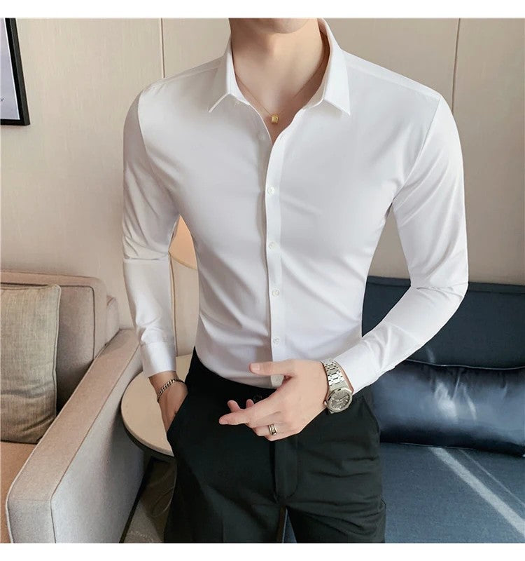 Men's Long Sleeved Elastic Shirt No Ironing Business Wear Professional Workwear Stand Up Collar Shirt Casual Solid Color Shirt