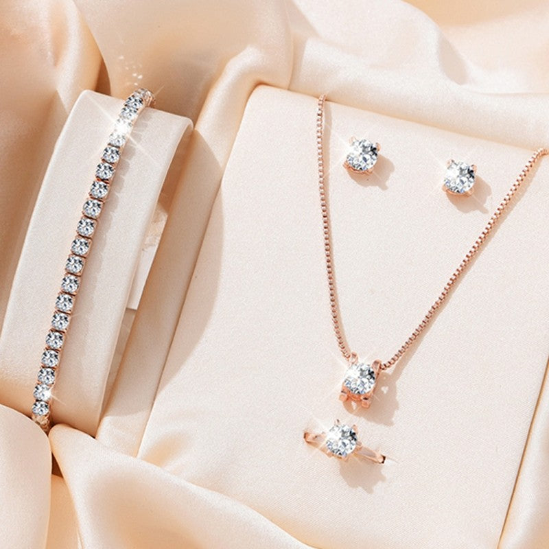 Conjuntos de joias elegantes de cristal 5 peças para mulheres Colar Brincos Anel Pulseira Joias de princesa Conjunto de casamento de noiva Dia dos Namorados
