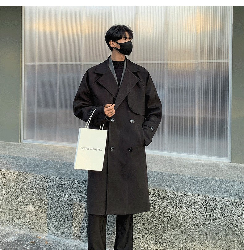 Men's Autumn Winter Mid Length Woolen Coat New Korean Tide Black Thickned Overcoat Long Sleeve Double-breasted Jackets