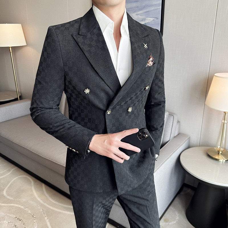 (Jacket+Pants)Luxury Checkered Double Breasted Suit 2 Pieces Fashion Business Slim Fit Social Formal Suit Evening Dress 5XL-M