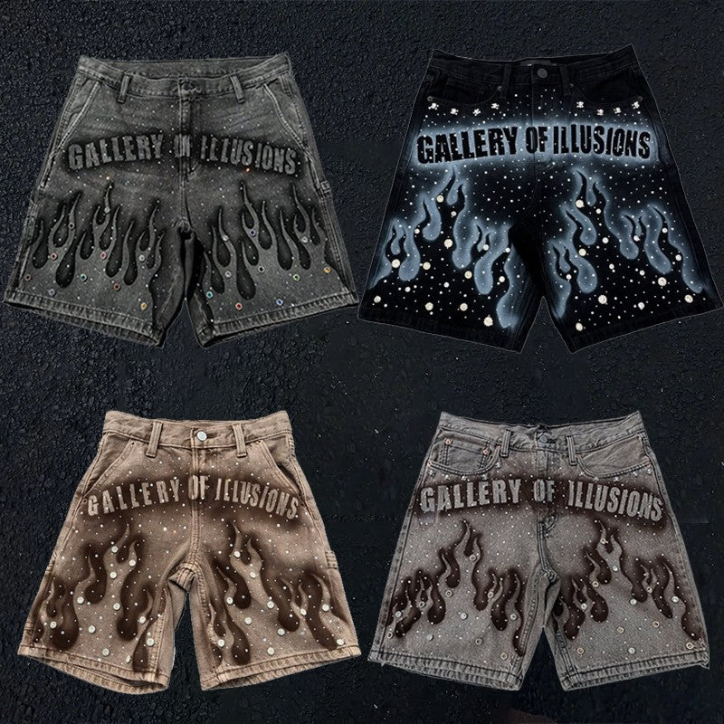 Goth Print Silk Jeans Men Shorts Street Harajuku Hiphop Vintage High Waited Denim Shorts of Men Clothing Casual Loose Pants Mens