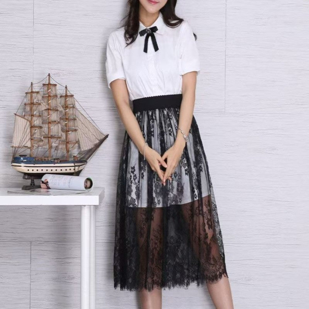 Fashion Transparent Sexy Lace Mesh Skirt Elegant 2 Length Midi Skirt Ladies Elastic High Waist Womens Skirt Ladies