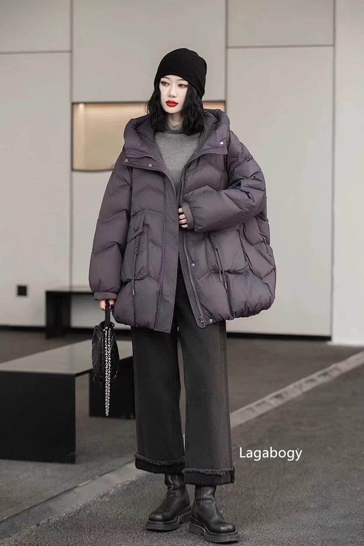 Lagabogy 2025 Women Autumn Winter Vintage Style Loose Casual Mid-Long Hooded Warm Puffer Coat Female 90% White Duck Down Jacket