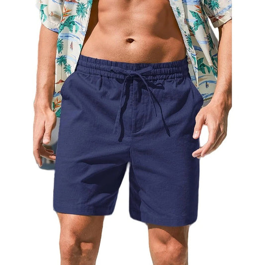 Shorts Masculinos de Verão em Algodão e Linho Respiráveis Leves para Praia Calça Curta Casual Confortável Moda Cintura Elástica Masculina