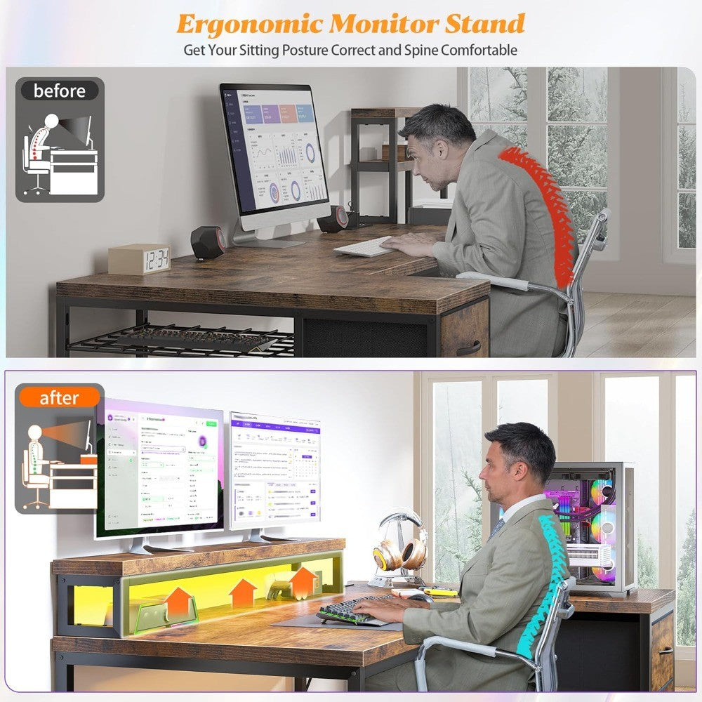 Mesa Gamer em L com Luzes de LED e Tomada, Mesa de Canto de 122 cm com Gavetas, Mesa de Escritório Reversível com Monit