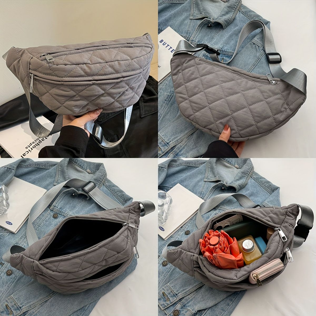 Quilted Patchwork Crossbody Bag - Large Nylon Purse, Multi-Pocket, Adjustable Strap. Grey Gift-Ready!