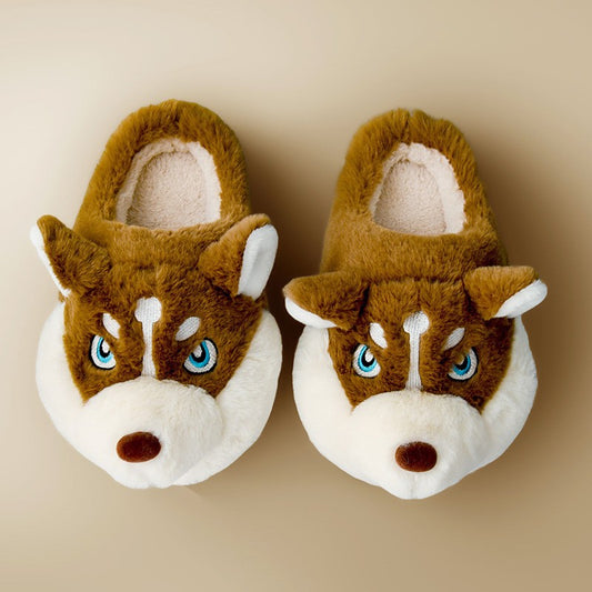 Men Indoor Cotton Slippers Cute Cartoon Dog Winter Warm Shoes Couples Home Floor Slides Anti-slip Female Male House Footwear