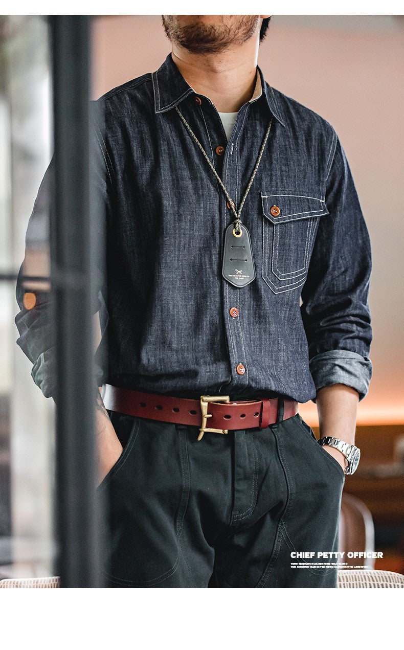 Maden Retro Thin Long-sleeved Denim Shirts Single-breasted Lapel Collar Stitch Design Cotton Men's Spring and Autumn Blouses