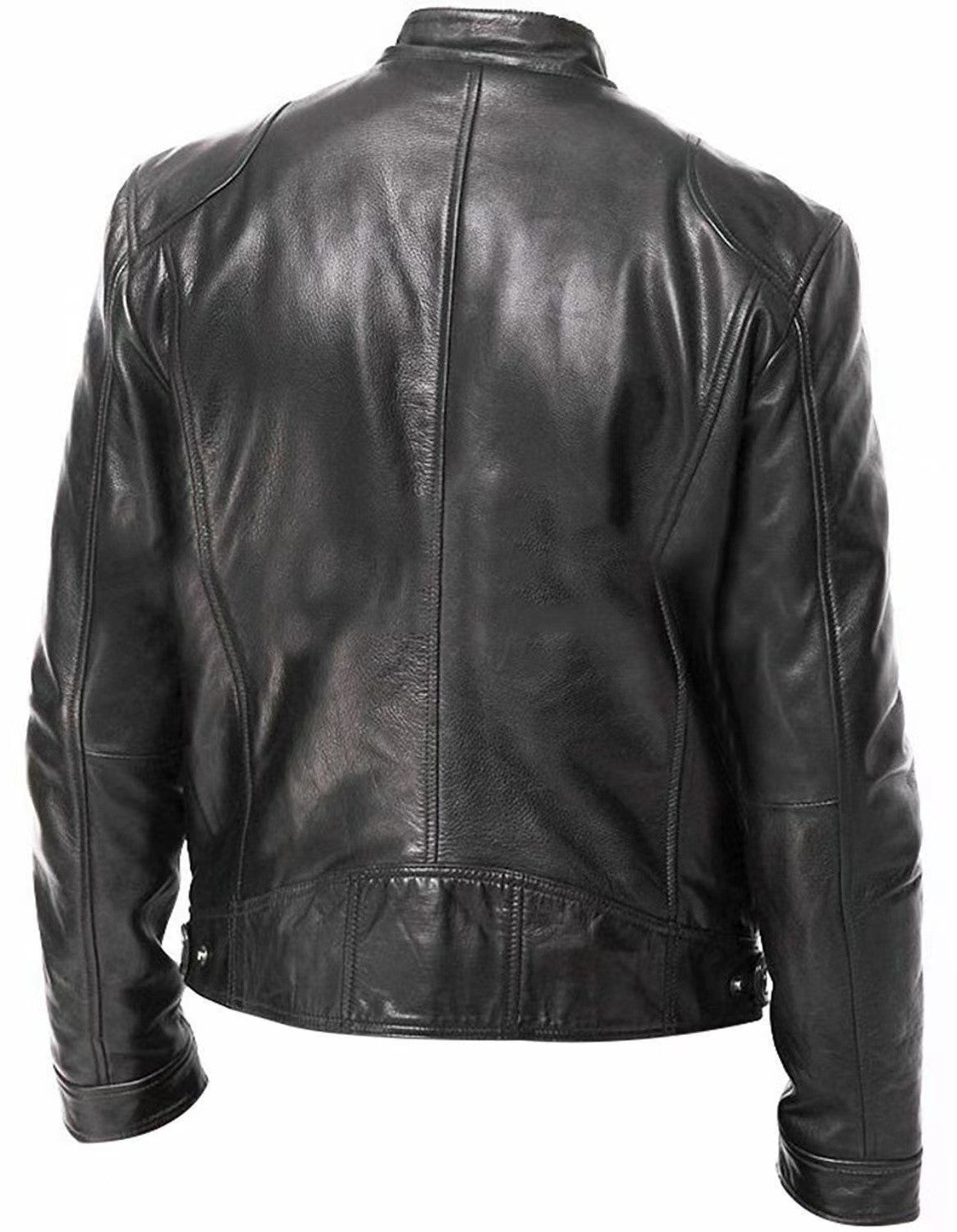 Fashionable Men's Stand Collar Slimming Leather Jacket Zipper Pocket Decorative Pu Leather Motorcycle Coat