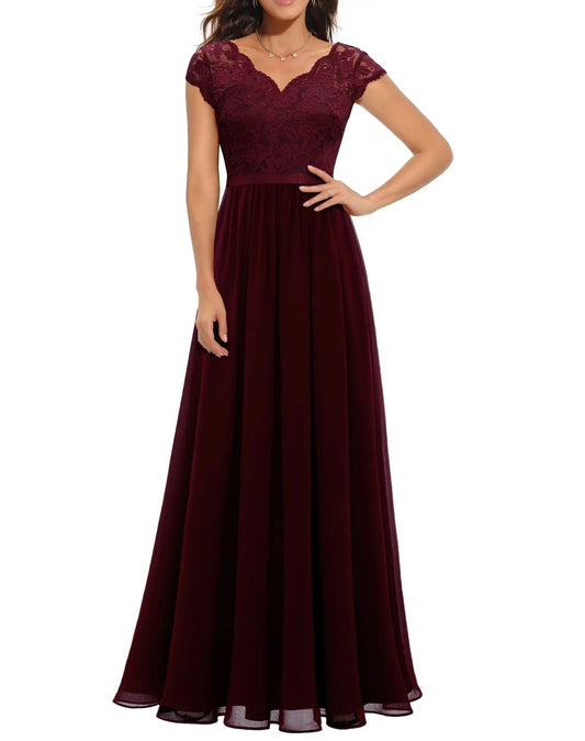 New 6-Color 5-Size Lace Splicing Long Waist-Cinching Elegant Dress Floor-Length V-Neck Polyester Fiber Evening Gown Dress