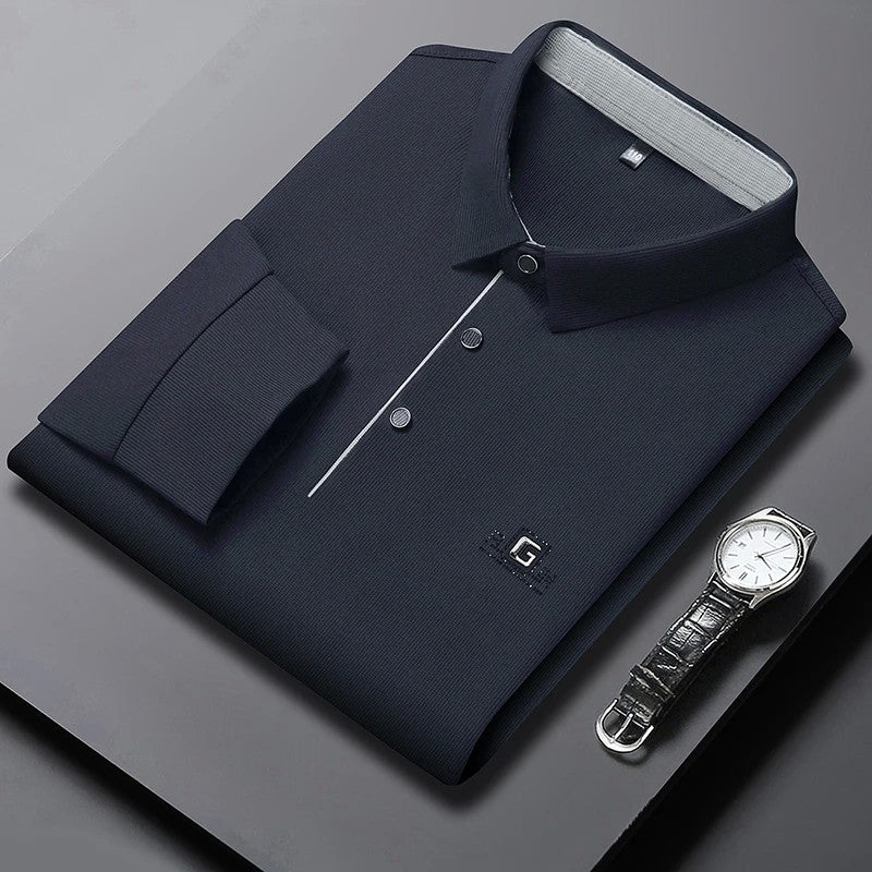 New Men's Business Casual Long Sleeved Shirt with Badge Solid Color Polo Shirt Fashionable Breathable Comfortable Versatile Top