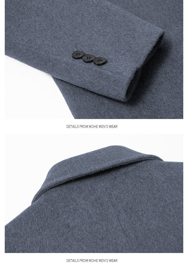 High-quality men's fashionable, stylish and versatile solid-color casual long woolen overcoat, wool woolen overcoat