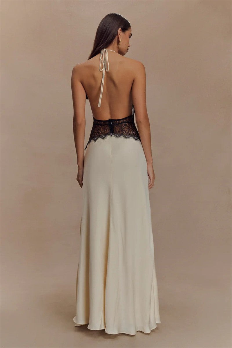 Mozision Summer Backless Sexy Maxi Dress Women Gown Patchwork Lace Halter Deep V