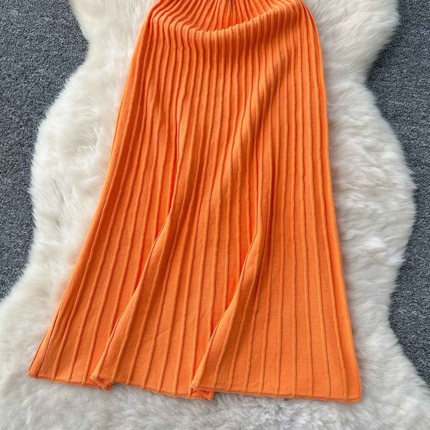 Knitted Pleated Long Dress High Waist Midi Sling Dress Elegant Sleeveless Yellow
