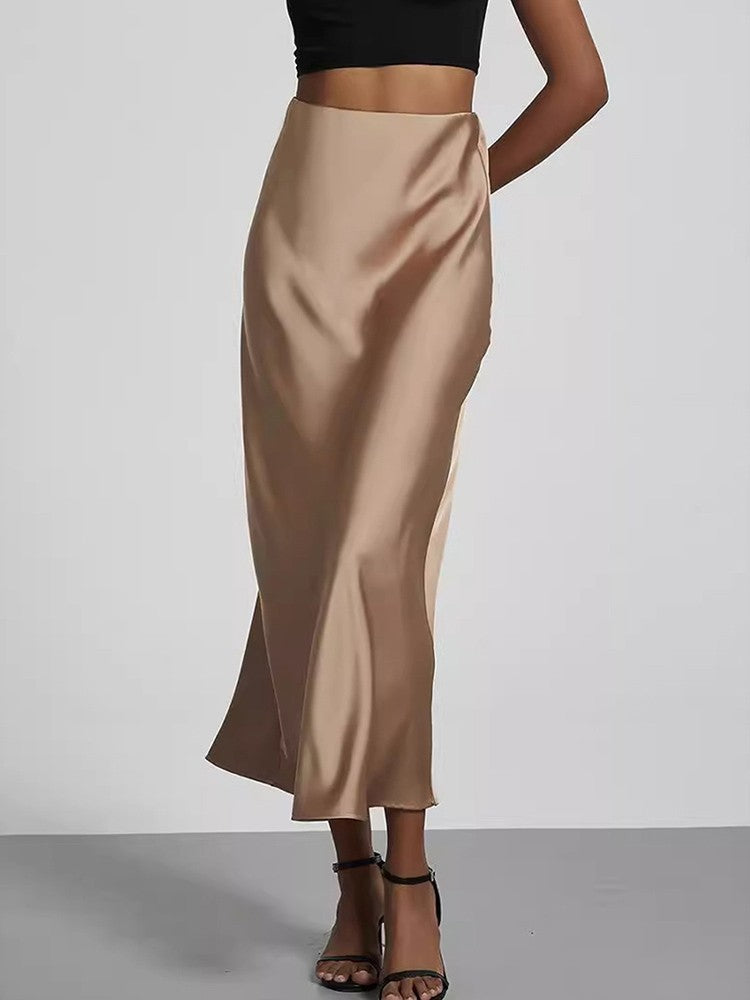 Fashion Satin Party Long Skirt High Waist Solid Color Casual Basic Women Skirts